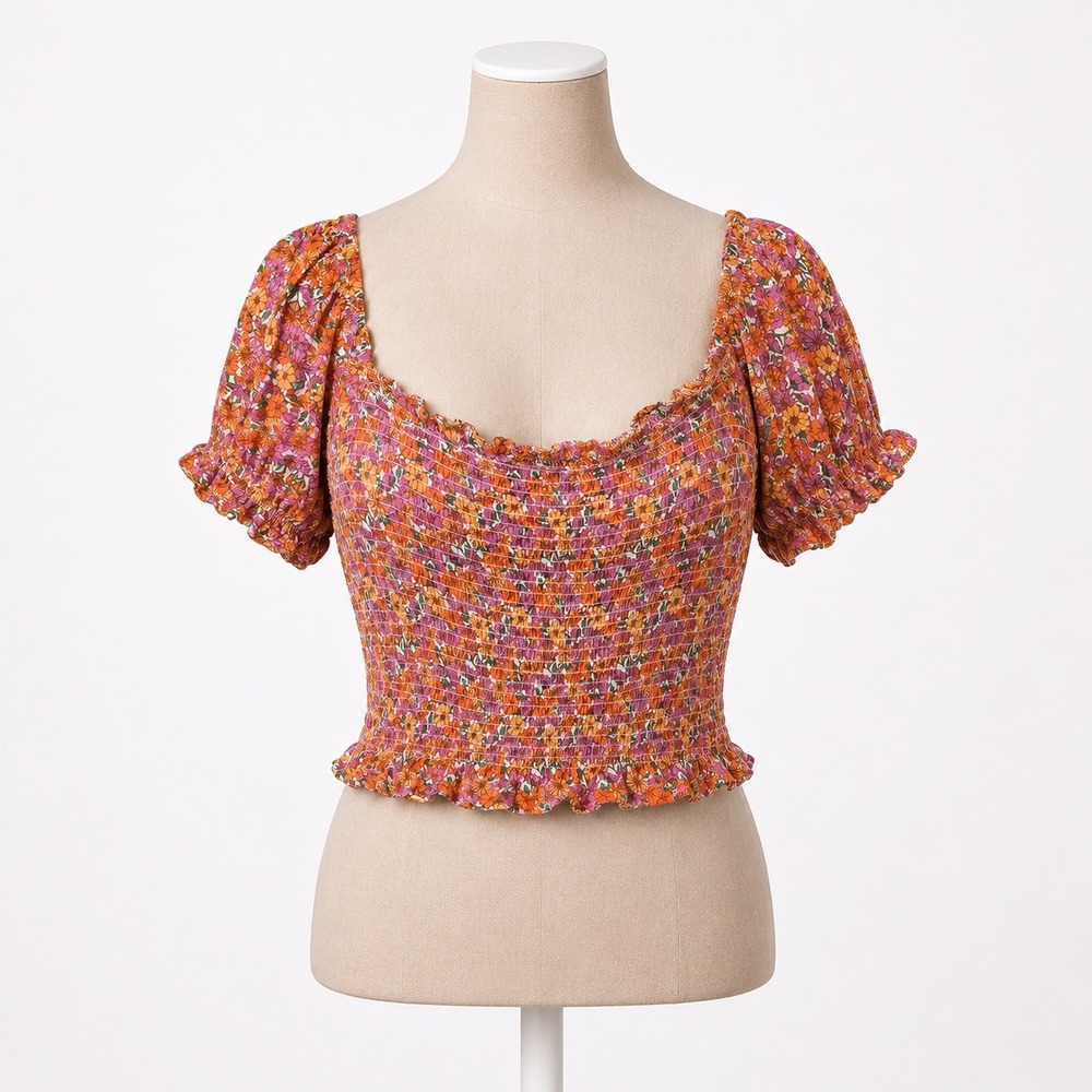 Floral Smocked Puff Sleeve Peasant Top Size S Orange Cottagecore Boho Prairie